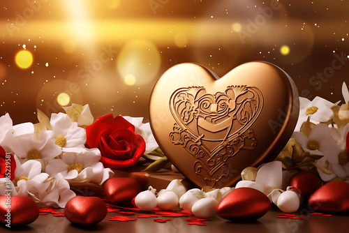 valentines day background with hearts and roses, An illustration of heart-shaped chocolates adorned with tiny hearts and romantic motifs, set against a textured background,