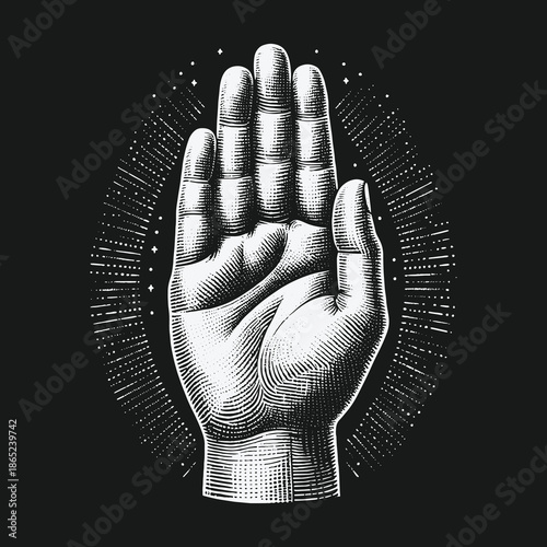 Mystical Hand Illustration with Engraved Texture and Celestial Aura.