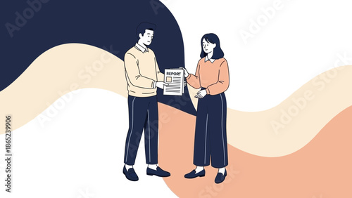 Teamwork business meeting illustration, presenting report document, colleagues collaborate