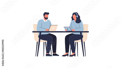 Teamwork Collaboration: Man and Woman Working on Laptops at Table