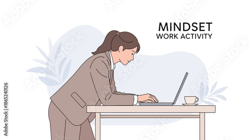 Businesswoman working on laptop at desk, focused mindset, office work, coffee break concept illustration.