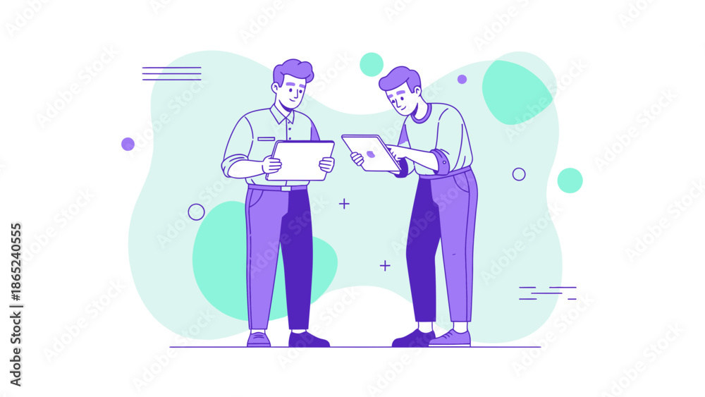 Fototapeta premium Two men collaborating on a digital project with tablets, modern flat illustration.