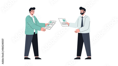 Two businessmen exchanging documents, modern flat illustration