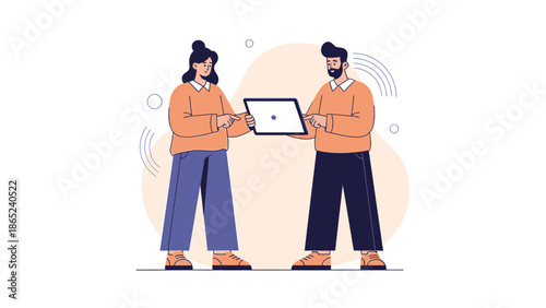Two colleagues collaborating on a laptop, modern flat illustration style