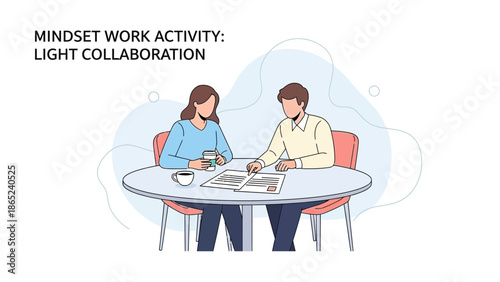 Two colleagues collaborating at a round table, discussing documents and ideas.