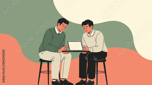 Two men collaborating on a laptop, modern flat illustration, business meeting concept