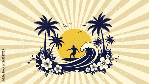 Retro tropical beach illustration with a surfer on a wave surrounded by palm trees and flowers under a large sun.