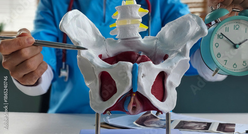 Obraz na plátne Model of female pelvis with clock in clinic