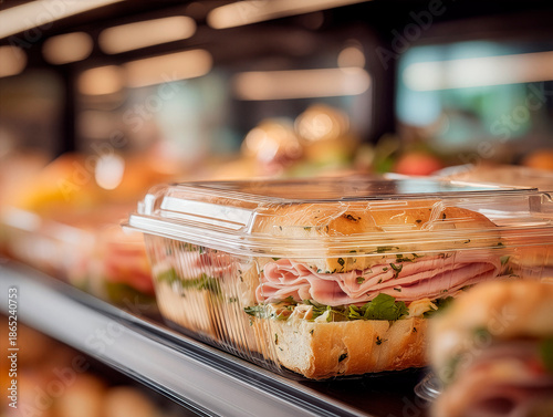 Garlic Butter Muffuletta sandwich in plastic packaging for sale in a supermarket.