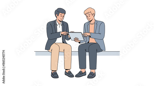 Two men in suits discussing documents on a tablet, business meeting, collaboration