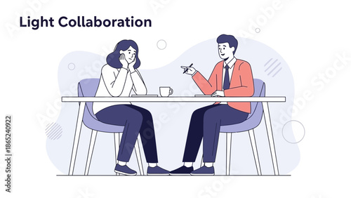 Two people collaborating and discussing ideas at a table, modern flat illustration