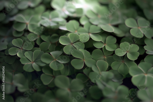 Lush green clover leaves densely packed together, creating a vibrant natural carpet, with soft light filtering through, evoking a sense of tranquility and connection to nature