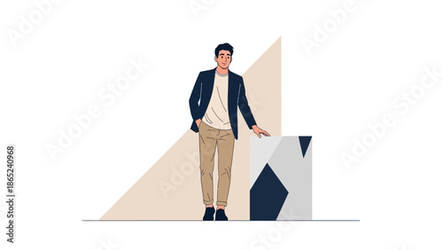 Stylish Man in Blazer and Chinos Posing with Geometric Block