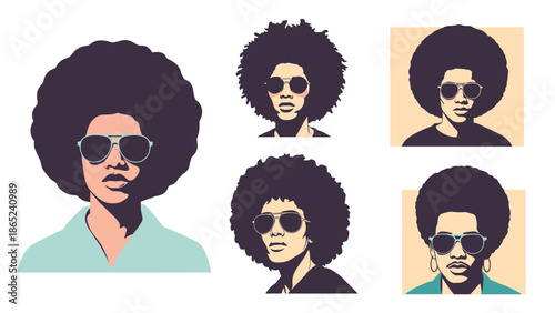 Four variations of a portrait featuring a person with a large afro hairstyle and sunglasses in a retro pop art style.