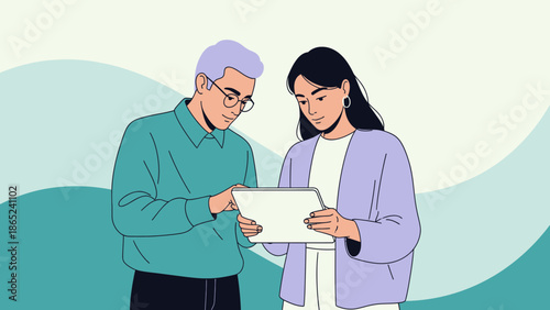 Diverse colleagues collaborating on a tablet device with abstract background