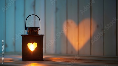 Heart shaped lantern with candlelight casting a romantic shadow glow