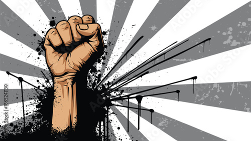Strong human fist raised in the air against a gray and white sunburst backdrop with black ink splatters and drips.