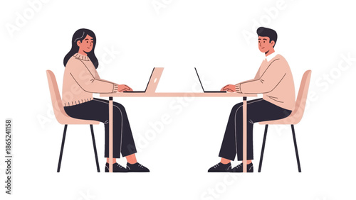 Diverse colleagues working on laptops at a long table, modern flat illustration