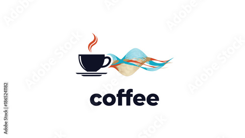 Black coffee cup icon on a white background with stylized orange and blue sound or light waves and coffee text.