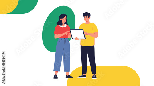 Diverse Couple Discussing Digital Information on Tablet Screen with Abstract Background