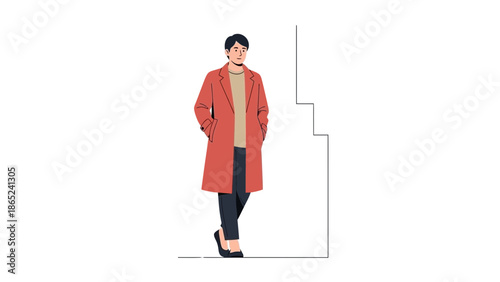 Fashionable Person in Long Coat Walking with Hands in Pockets