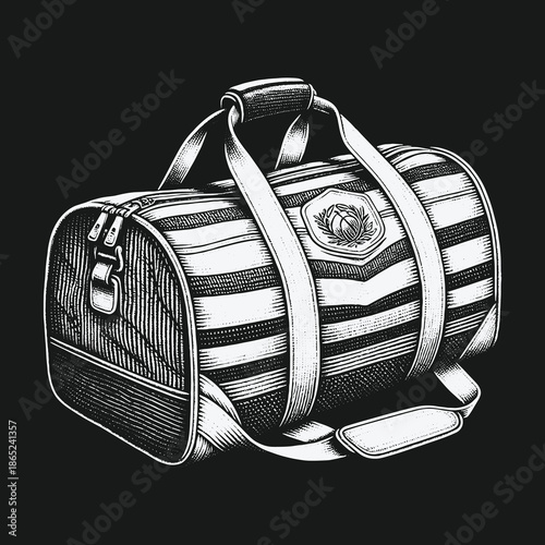 Vintage Striped Duffel Bag Illustration with Detailed Hatching.