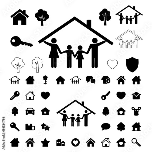 father and mother holding roof of house to protect their child, home sweet home icons set