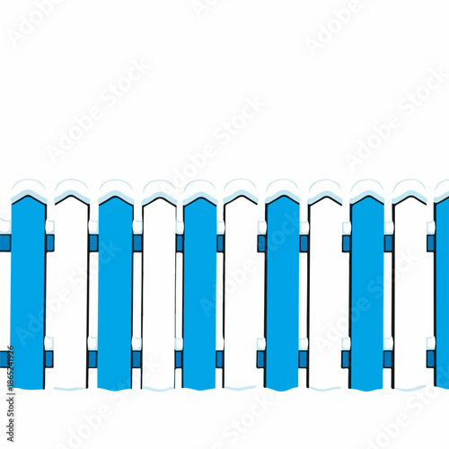 Blue white picket fence with fresh snow covering top edges. Picket fence design features alternating colored panels, creating a clean winter boundary. Picket fence imagery suits property visuals,