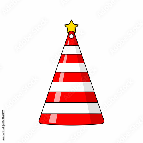 Red and white striped party hat with golden star on top. Festive party hat design for birthdays and celebrations, featuring bright colors and simple graphic style.