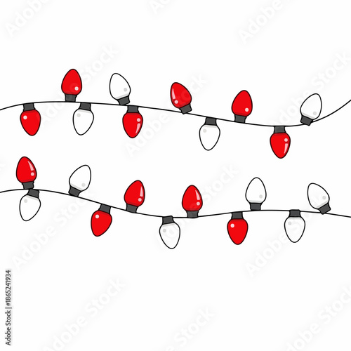 Christmas lights on white background, two lines of decorative red and white bulbs. Holiday Christmas lights illuminate festive scenes, creating warm celebratory mood.