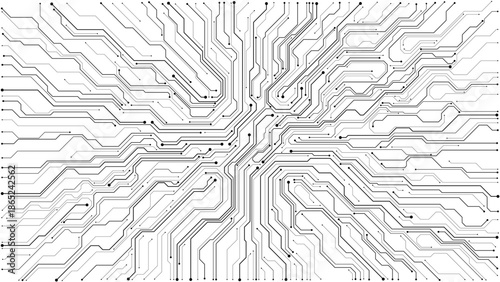 Digital circuit board background showcasing white electronic patterns. Vector tech design with semiconductor lines, motherboard elements, and modern circuitry composition. Digital vector illustration