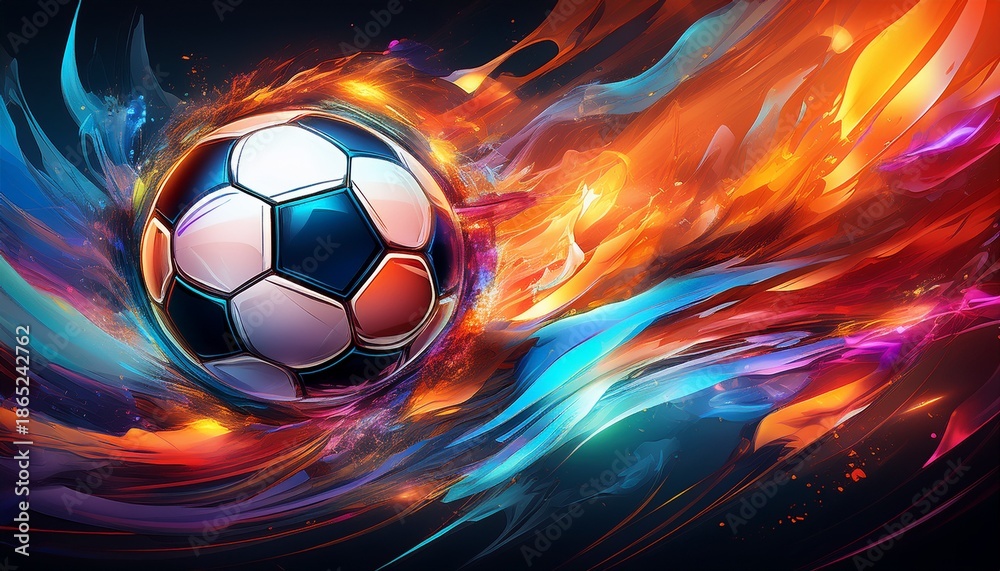 Naklejka premium vibrant and dynamic abstract art featuring a soccer ball in motion perfect for sports and creativity themes
