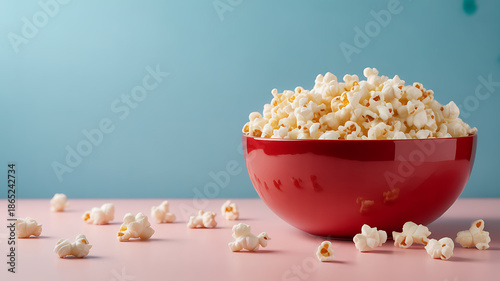 A vibrant red bowl overflowing with fluffy popcorn on a pink surface with scattered kernels against a soft blue background with movie night and snack