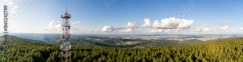 Rural summer landscape panorama of the Góry Sowie (Owl Mountains), Poland, featuring rolling green hills, open meadows, dense forests, scattered farms, country roads, and a clear blue sky.