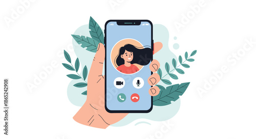 Human hand holding a smartphone with an incoming video call from a smiling young woman on the screen, surrounded by decorative green leaves.