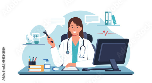 Female otolaryngologist or ENT doctor sitting at her desk in a modern clinic office, ready for an online consultation with patients.