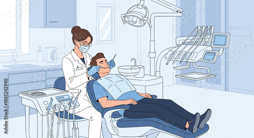 Female dentist wearing a mask and gloves, performing a dental checkup on a male patient in a fully equipped modern dental office.