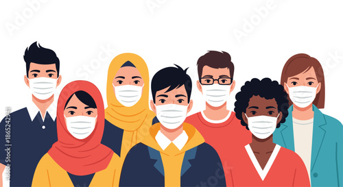 Diverse group of multicultural people standing together and wearing surgical face masks to protect against virus and pollution.