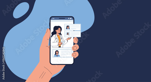 Hand holding a smartphone displaying an online medical consultation app, allowing a user to choose a doctor for a video call.