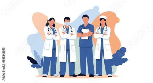 Professional medical team of diverse doctors and nurses standing together with their arms crossed, representing unity and healthcare.