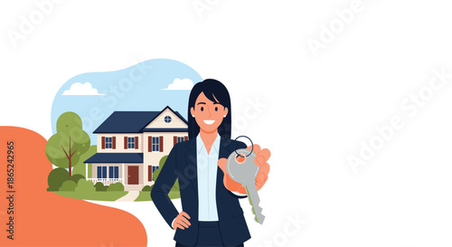 Female real estate agent in a business suit holding up a key, with a beautiful suburban house in the background on a sunny day.