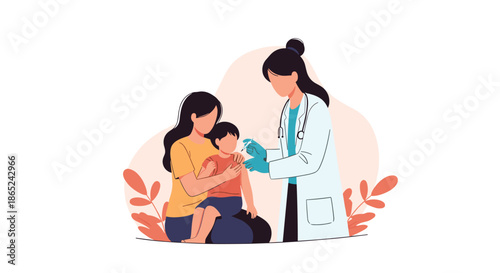 Female doctor or nurse giving a vaccination injection to a small child being held by her mother in a medical clinic.