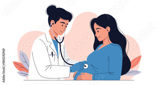 Female doctor or obstetrician using a stethoscope to check on a smiling pregnant woman's baby during a medical prenatal appointment.