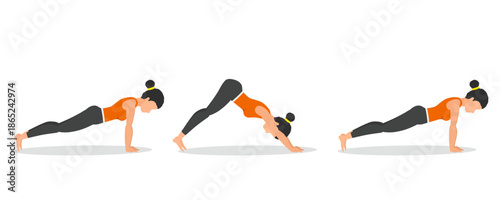step by step woman doing straight arm plank to pike