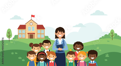 Smiling female teacher standing with a diverse group of happy elementary school students outdoors in front of their school building.