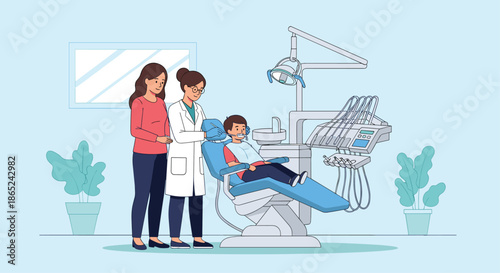 Female pediatric dentist with a mother and her son in a modern dental clinic, preparing the young patient for a checkup.