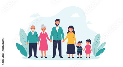 Happy multi-generational family holding hands and standing together, including children, parents, and grandparents, symbolizing unity.