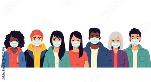 Diverse group of people of different ages and ethnicities wearing medical face masks for protection during a virus pandemic.