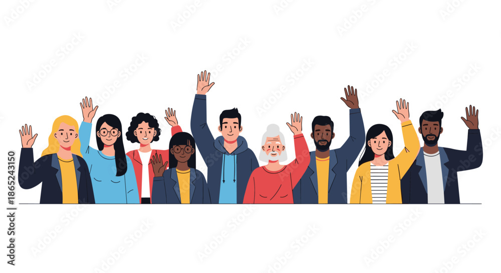 Obraz premium Large and diverse group of smiling people from different ethnicities and ages standing together and waving their hands in a friendly greeting.