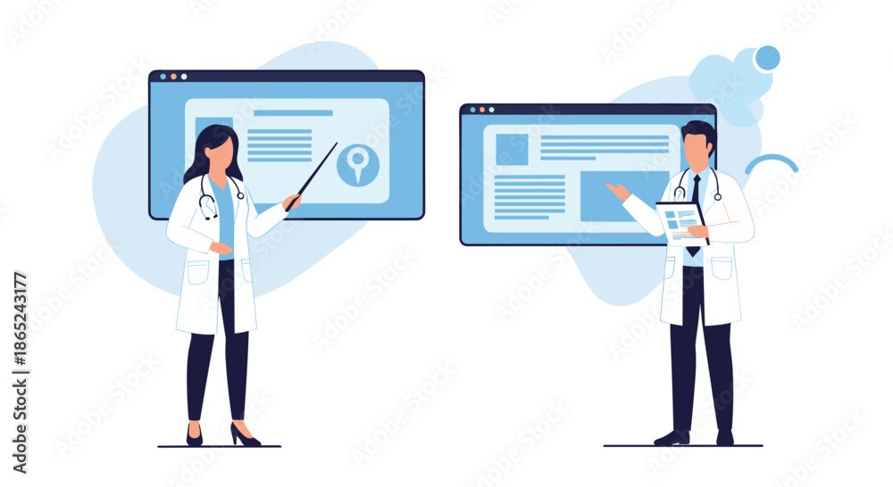 Fototapeta premium Male and female doctors giving a medical presentation, pointing at information displayed on large digital screens or whiteboards in a clinic.